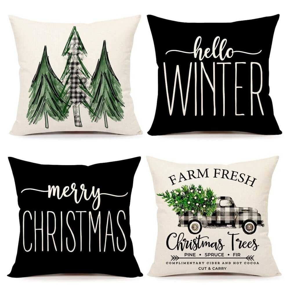 1665 Gray Black Christmas Pillow Covers 20x20 Set of 4 Farmhouse Xmas